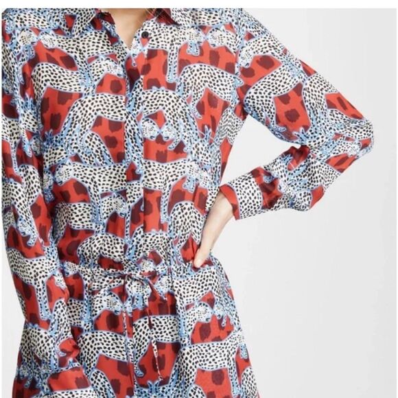 PARKER Silk Leopard Anamalia Print Blouson Mini Dress with Pockets - Size 14 - Picture 2 of 11